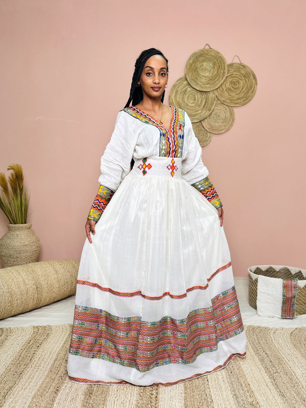 Multicolor Embroidered Habesha Kemis | Ethiopian Traditional Dress | Handcrafted Cultural Elegance Hab139