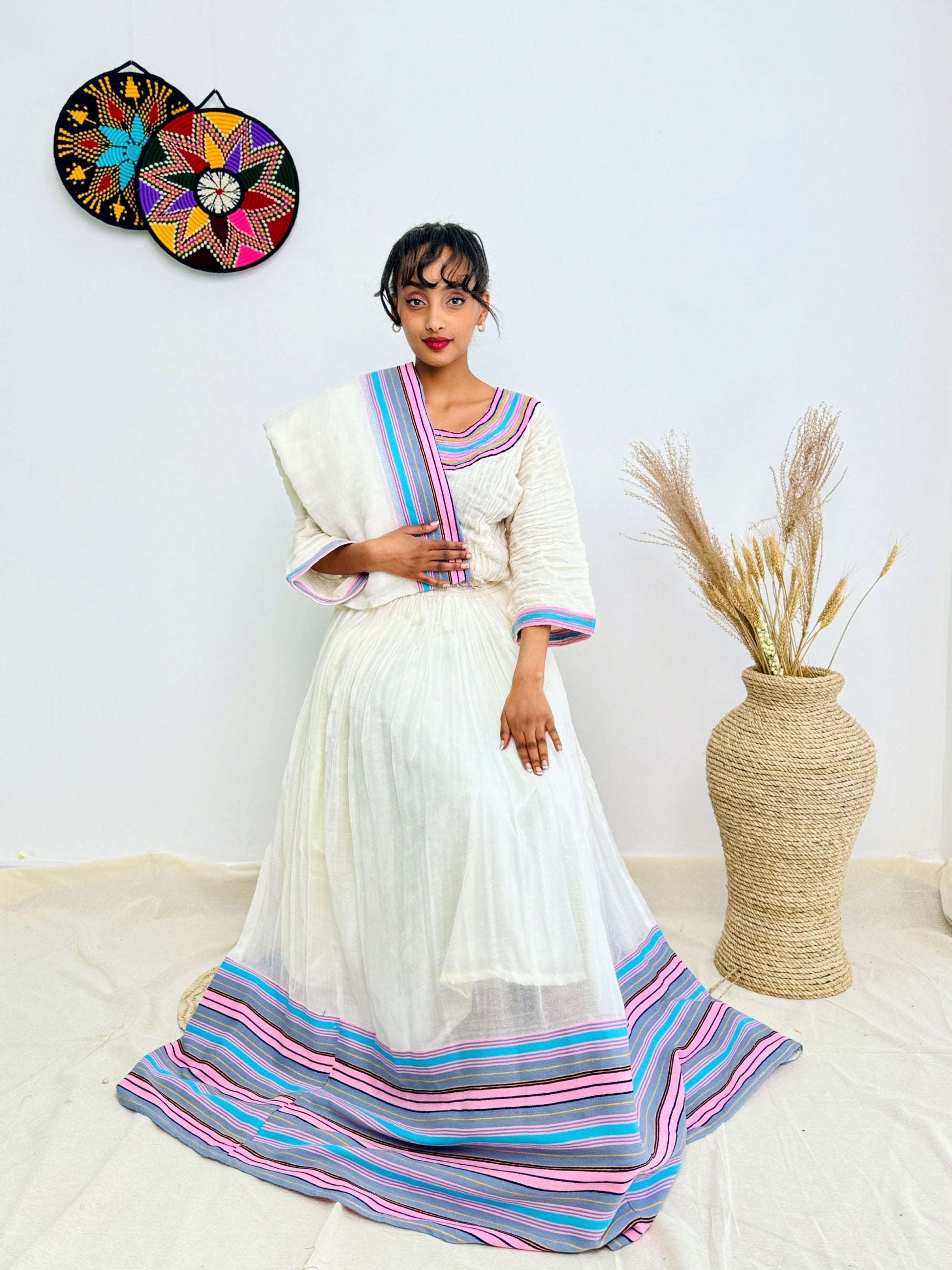 Vibrant Striped Tibeb | Elegant Ethiopian Handwoven Dress | Modern Habesha Kemis