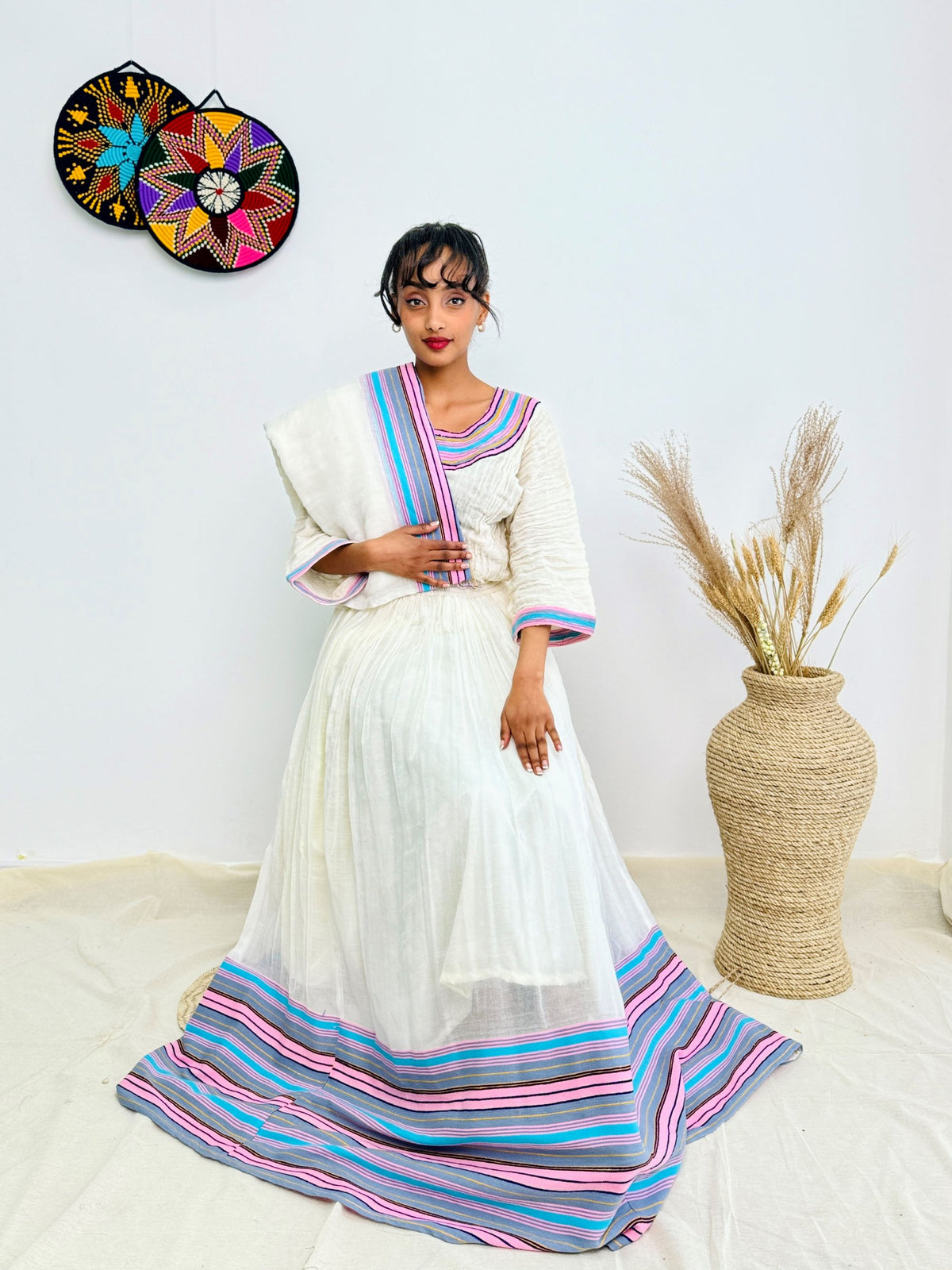 Vibrant Striped Tibeb | Elegant Ethiopian Handwoven Dress | Modern Habesha Kemis