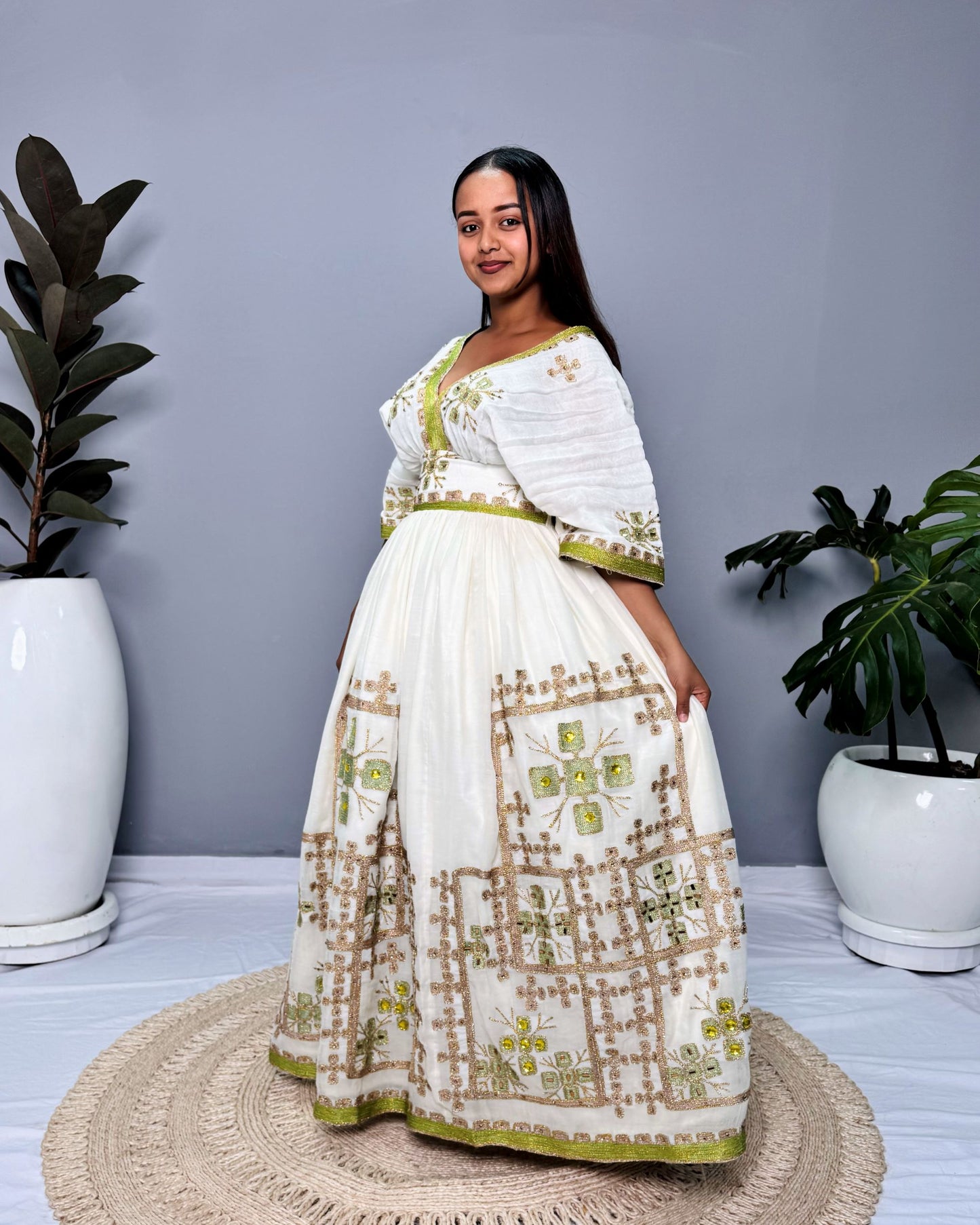 Ethiopian Dress | Lemon Green with Gold Sparkles | Weddings & Special Occasions | Handwoven Ethiopian Craftsmanship | Habesha Dress Hab124