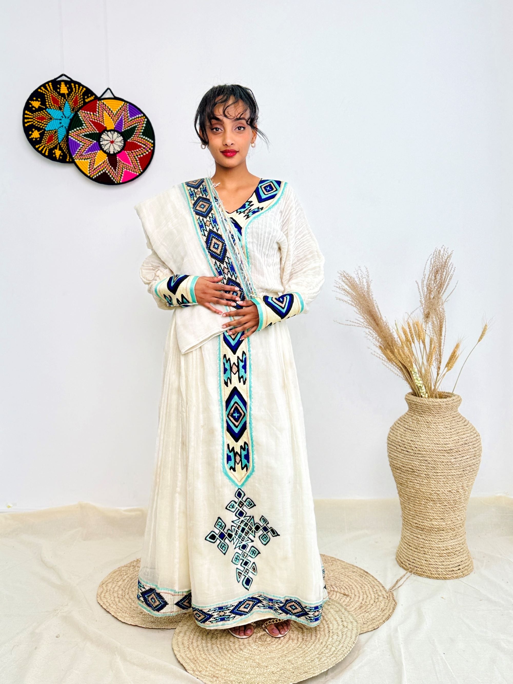 Handwoven Ethiopian Habesha Kemis | White Cotton Dress with Blue Geometric Tibeb Hab232