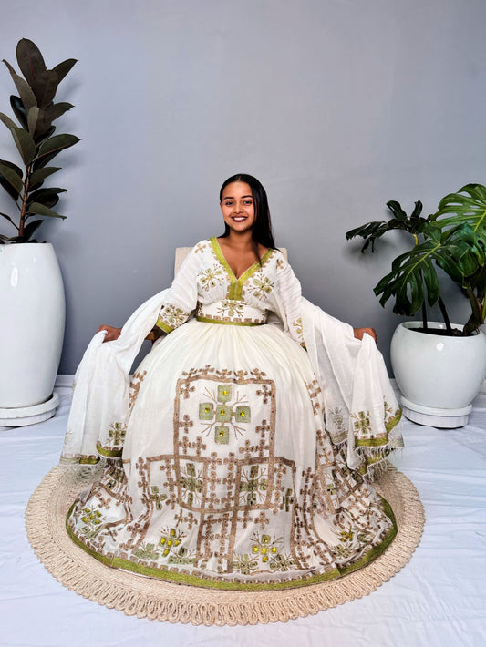 Ethiopian Dress | Lemon Green with Gold Sparkles | Weddings & Special Occasions | Handwoven Ethiopian Craftsmanship | Habesha Dress Hab124