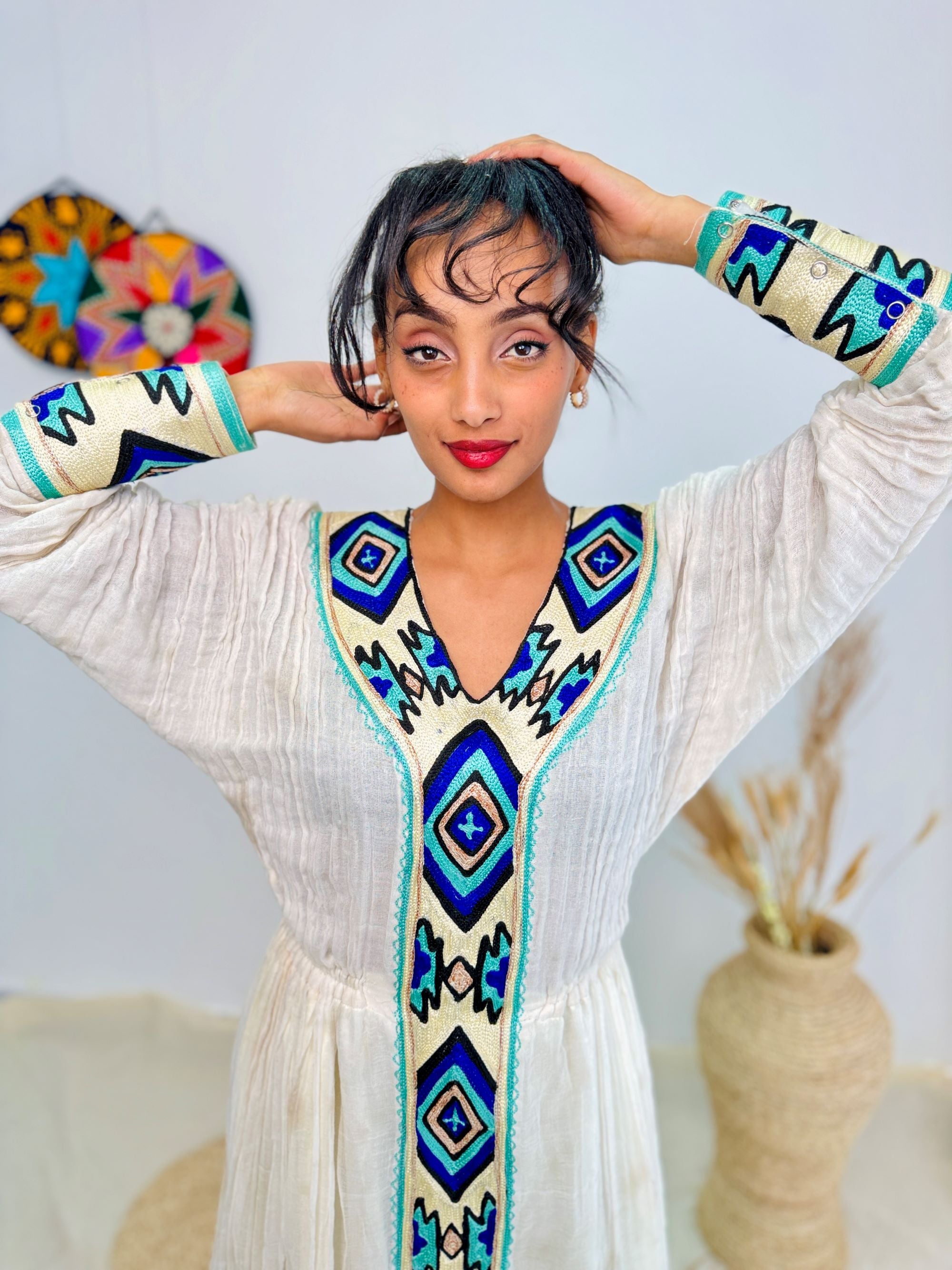 Handwoven Ethiopian Habesha Kemis | White Cotton Dress with Blue Geometric Tibeb Hab232