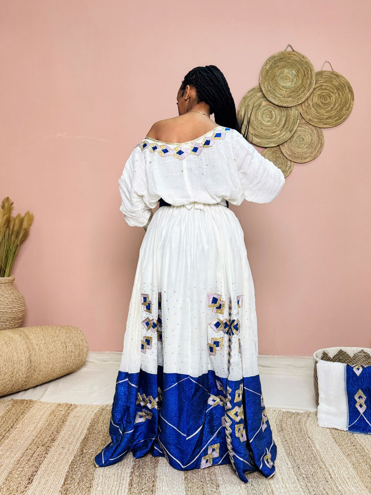 White & Royal Blue Ethiopian Dress | Off-the-Shoulder Handwoven Habesha Kemis | Modern Geometric Embroidery Hab163