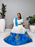 White & Royal Blue Traditional Dress | Handcrafted Ethiopian Occasion Dress | Cultural Elegance | Habesha Dress Hab141