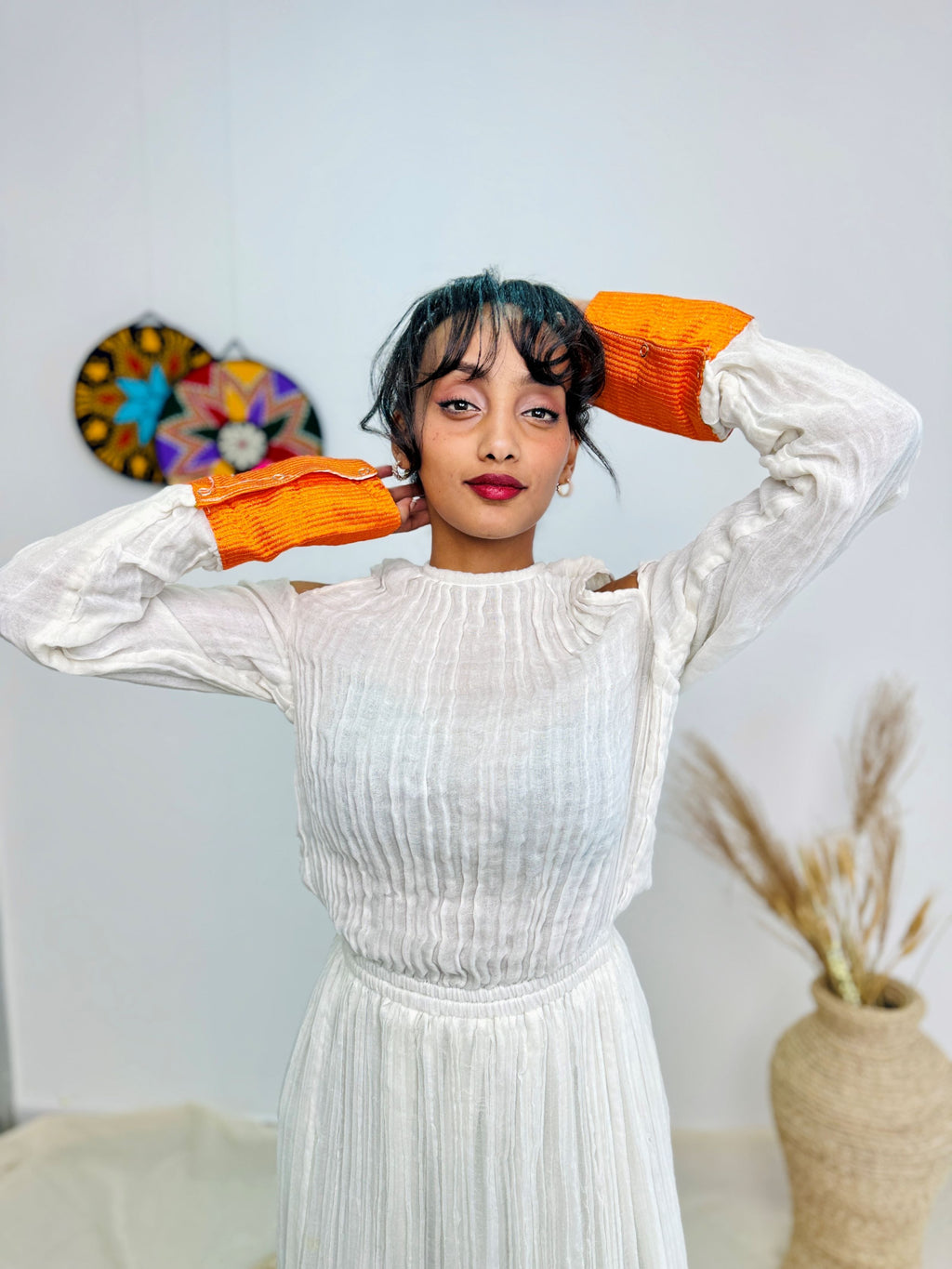 Ethiopian Handwoven Dress | White & Orange Modern Habesha Kemis | Cold-Shoulder Elegance Hab149