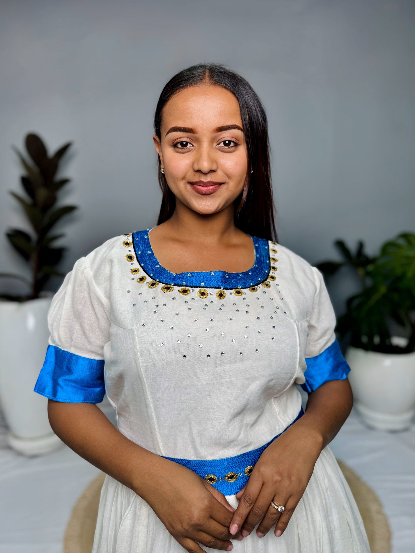 White & Royal Blue Traditional Dress | Handcrafted Ethiopian Occasion Dress | Cultural Elegance | Habesha Dress Hab141