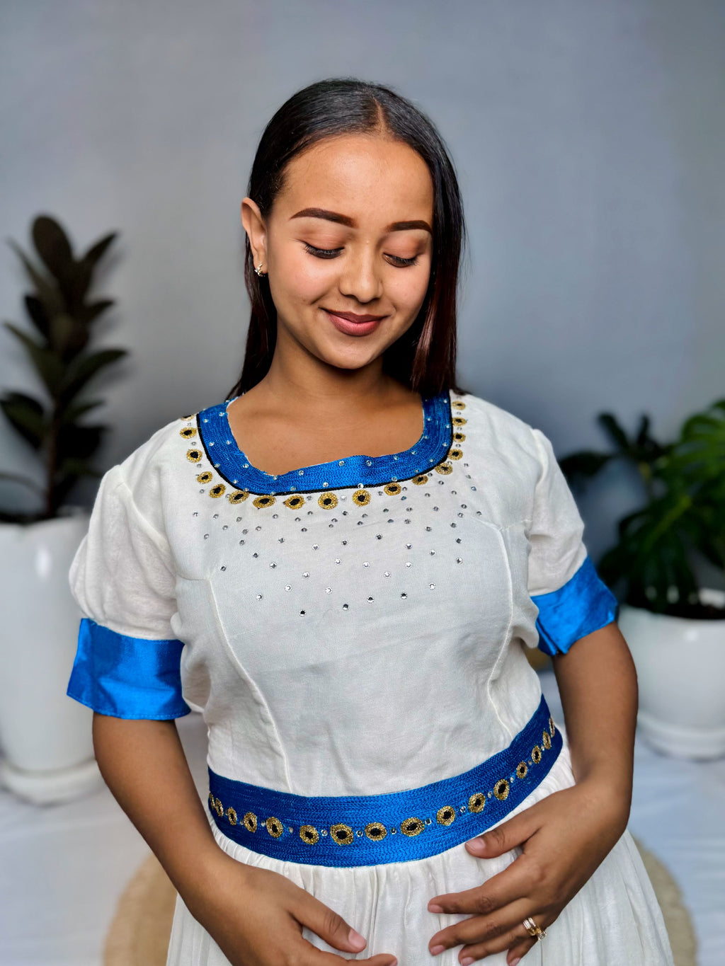 White & Royal Blue Traditional Dress | Handcrafted Ethiopian Occasion Dress
