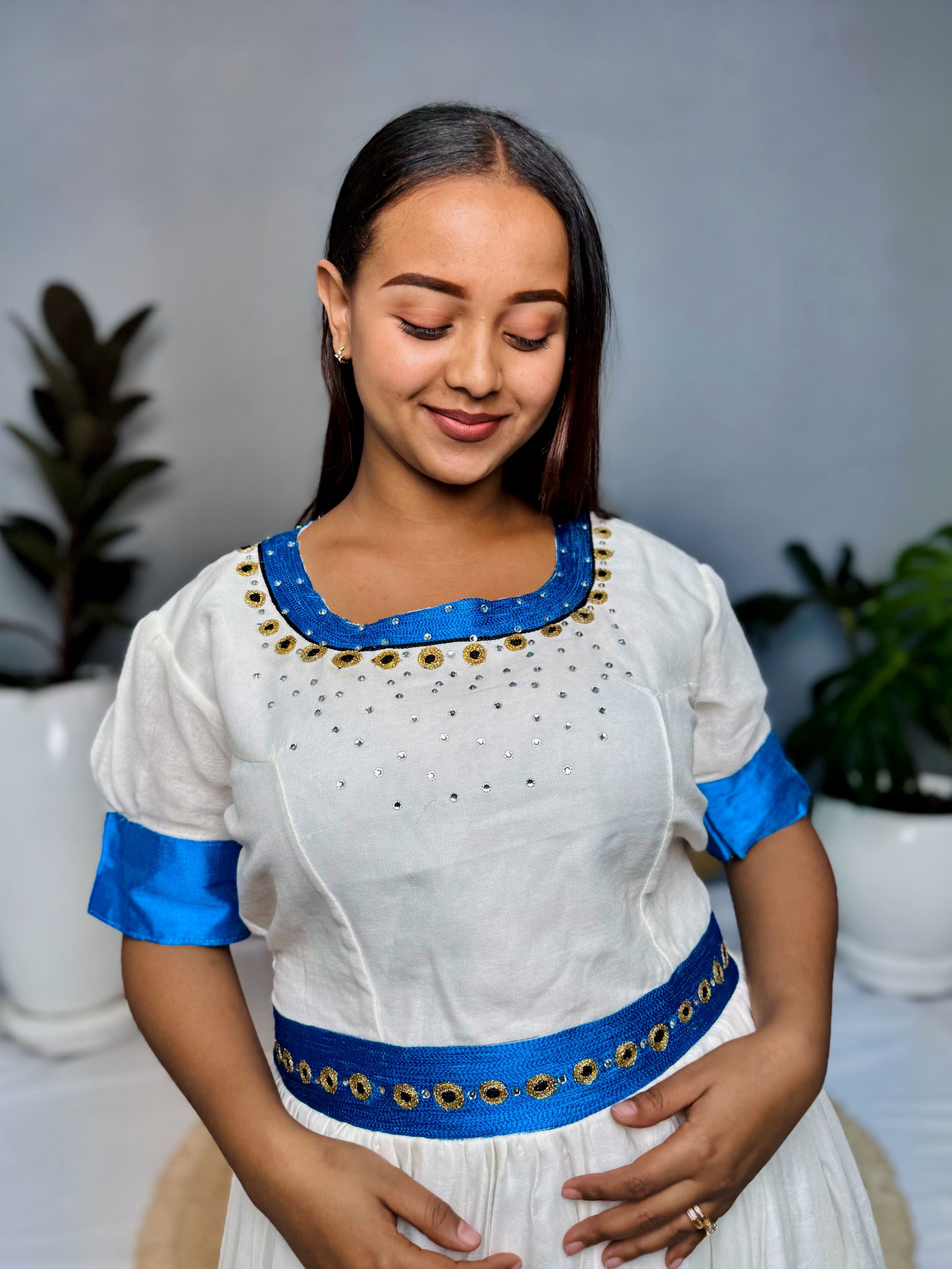 White & Royal Blue Traditional Dress | Handcrafted Ethiopian Occasion Dress
