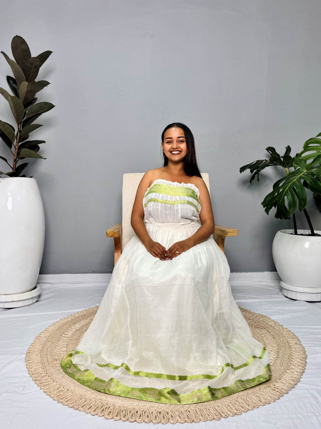 Ethiopian Traditional Cotton Dress | Green Tibeb Design | Handwoven Habesha Dress Hab152