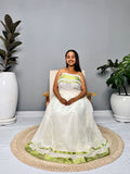 Ethiopian Traditional Cotton Dress | Green Tibeb Design | Handwoven Habesha Dress Hab152