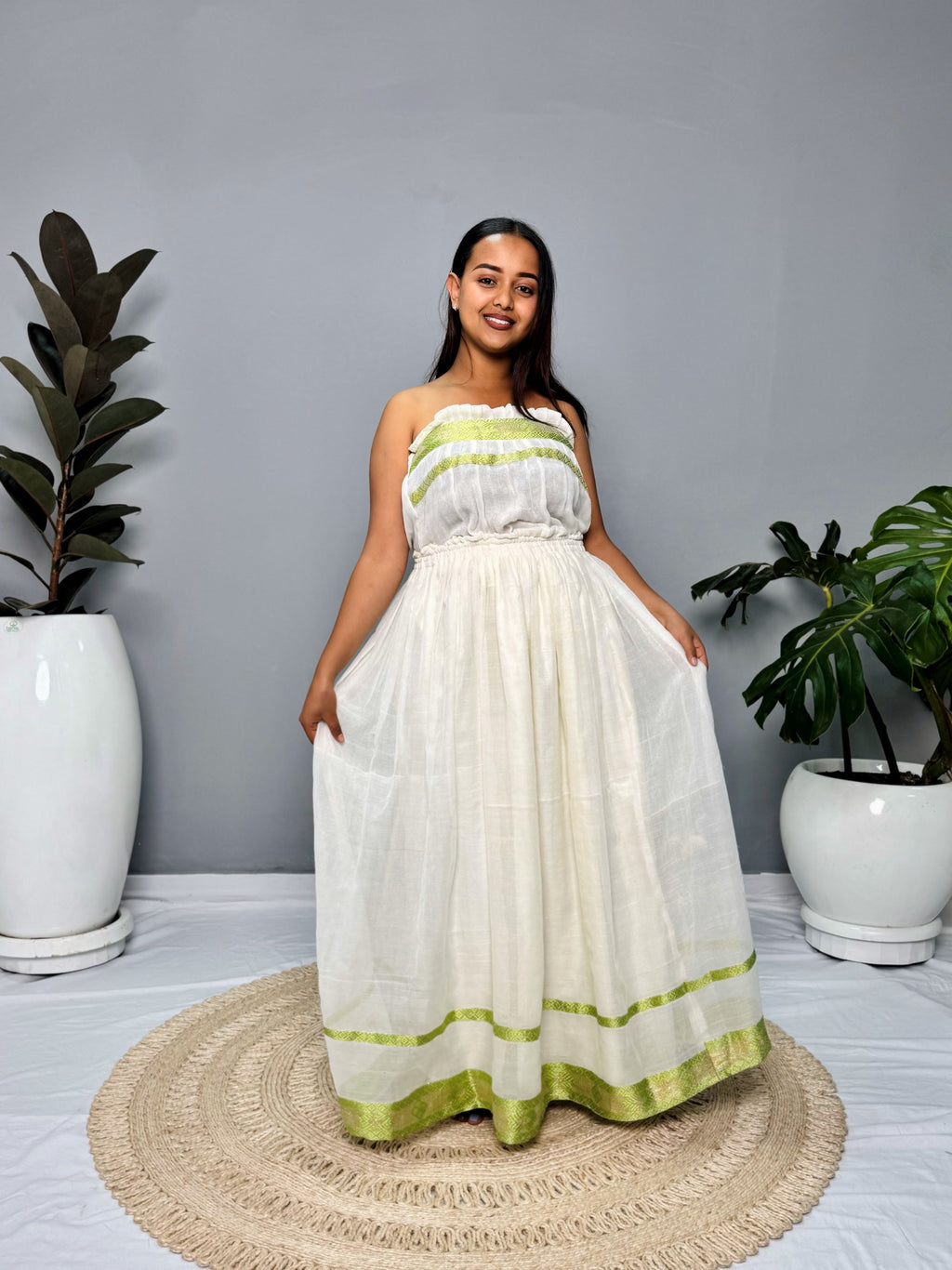 Ethiopian Traditional Cotton Dress | Green Tibeb Design | Handwoven Habesha Dress Hab152
