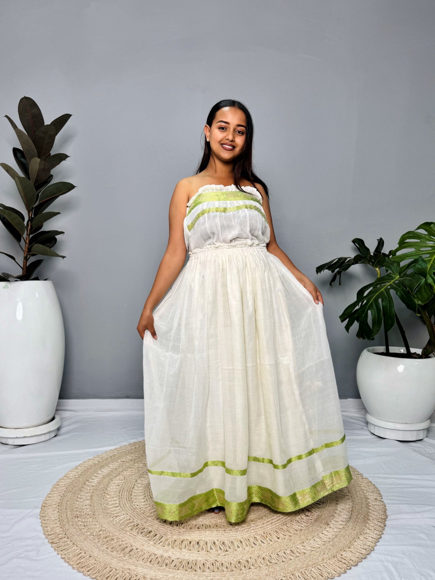 Ethiopian Traditional Cotton Dress | Green Tibeb Design | Handwoven Habesha Dress Hab152