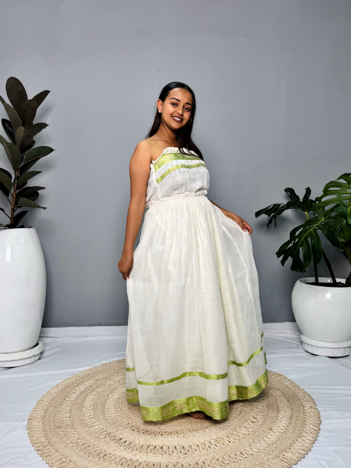 Ethiopian Traditional Cotton Dress | Green Tibeb Design | Handwoven Habesha Dress Hab152