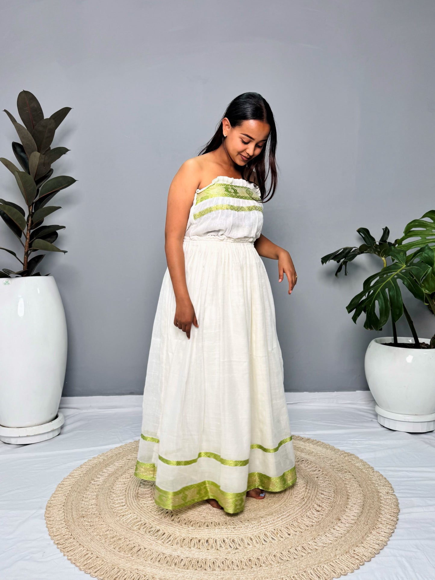 Ethiopian Traditional Cotton Dress | Green Tibeb Design | Handwoven Habesha Dress Hab152
