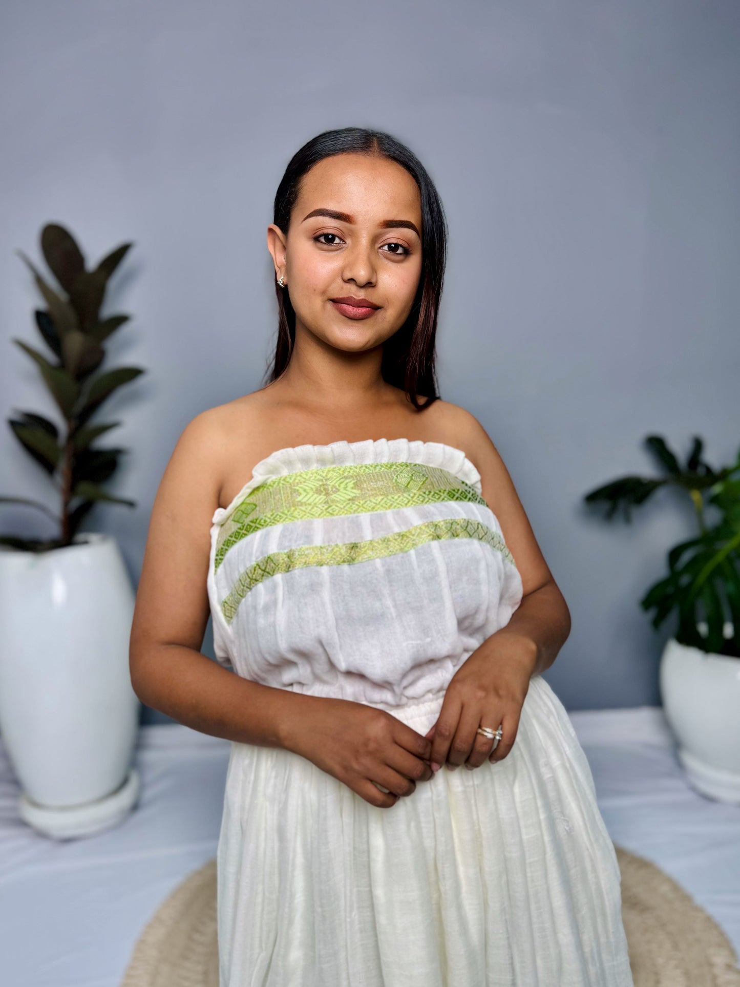 Ethiopian Traditional Cotton Dress | Green Tibeb Design | Handwoven Habesha Dress Hab152