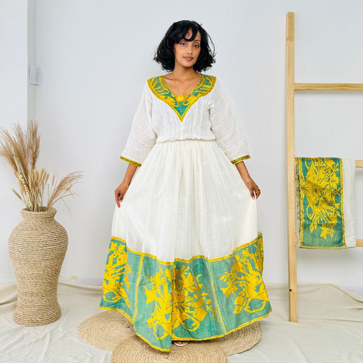 Yellow and Green Habesha Kemis Stylish Ethiopian Dress Hab35