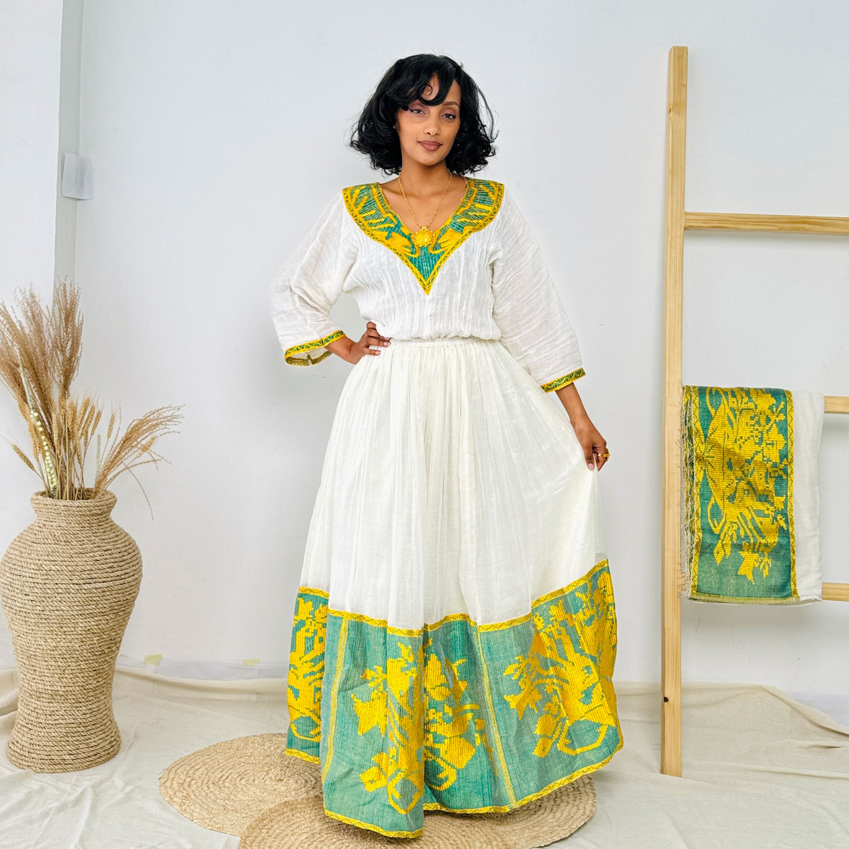 Yellow and Green Habesha Kemis Stylish Ethiopian Dress Hab35