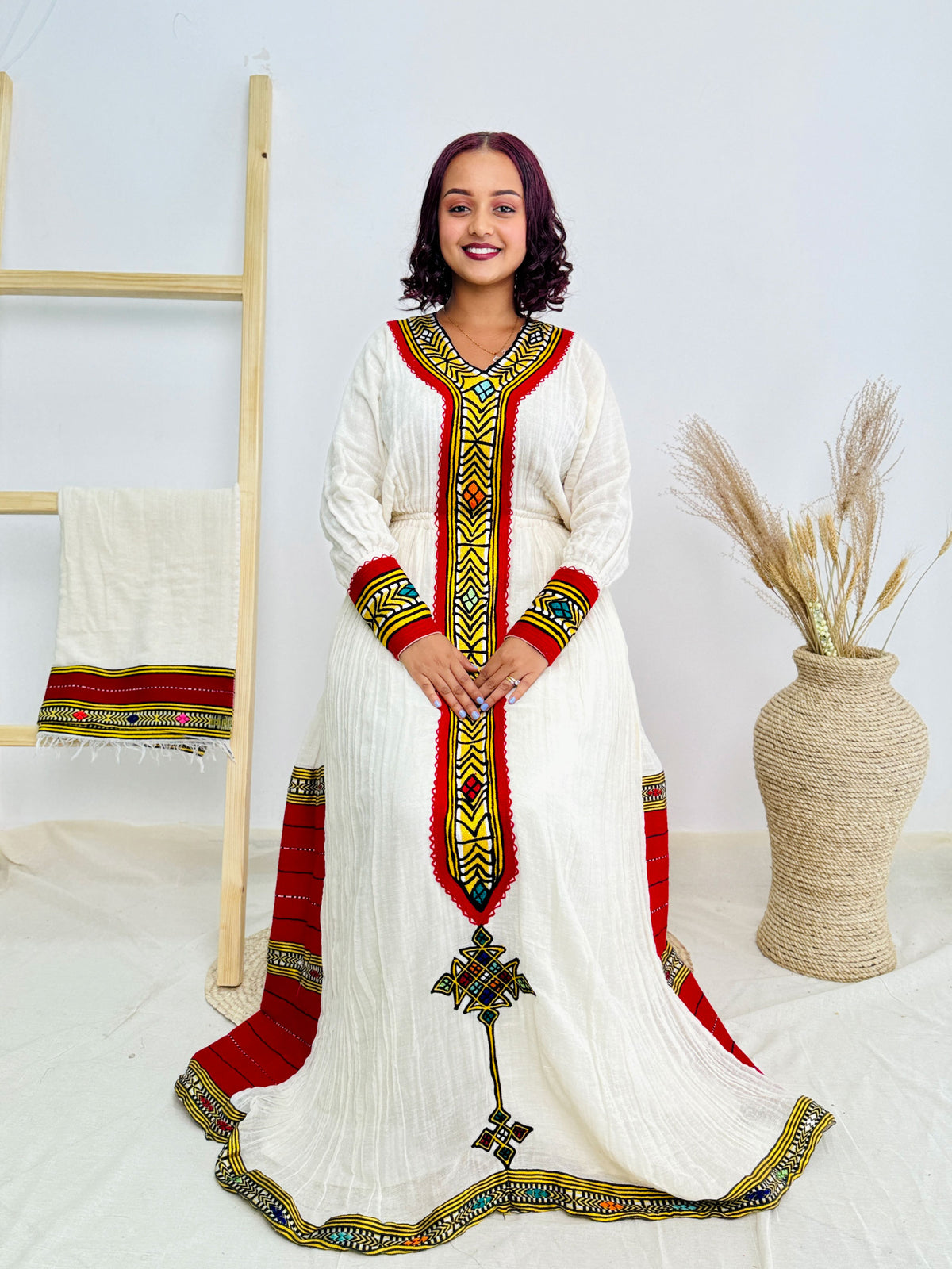 Vibrant Red Cultural Dress Traditional Habesha Dress Hab36