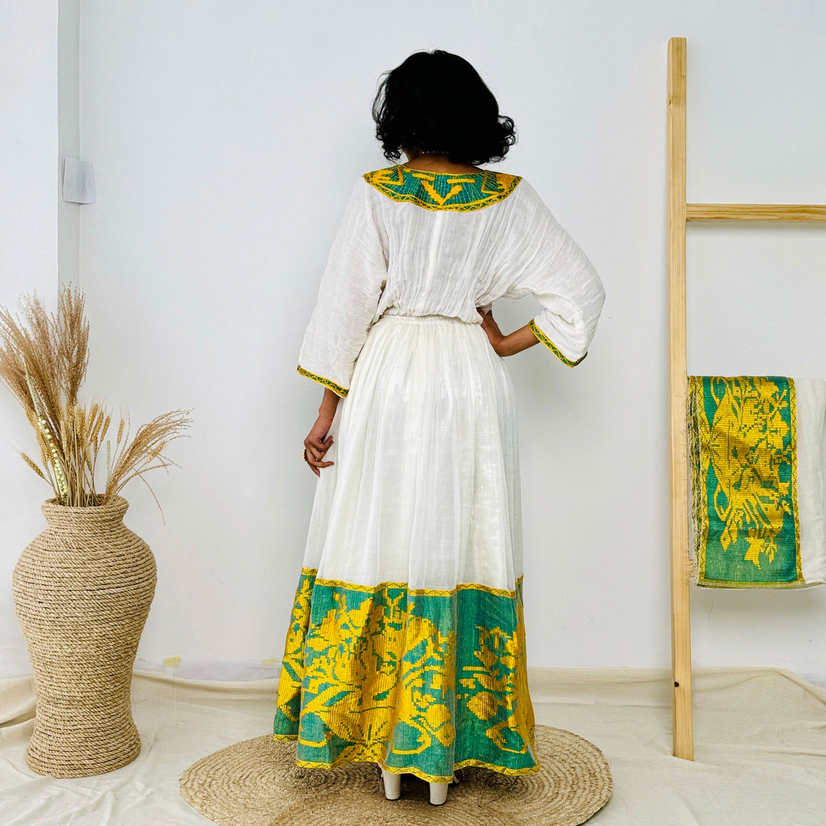 Yellow and Green Habesha Kemis Stylish Ethiopian Dress Hab35