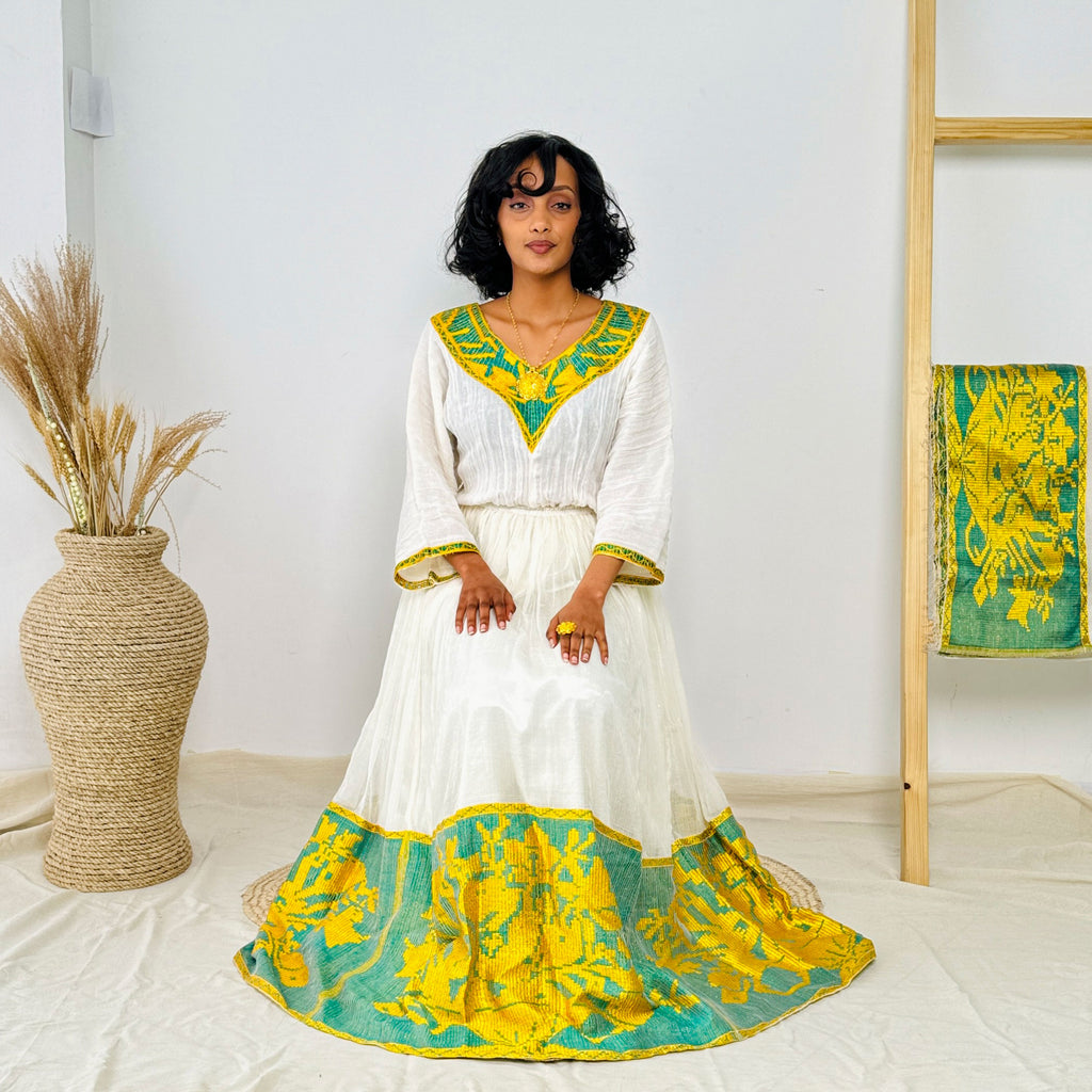 Vibrant Yellow and Green Habesha Dress