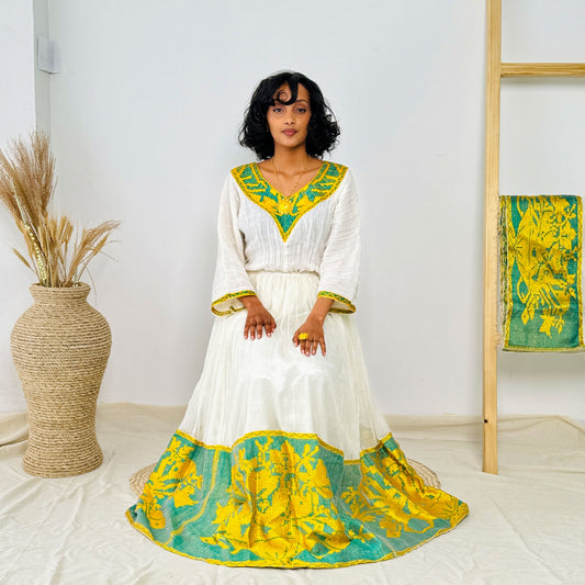 Vibrant Yellow and Green Habesha Dress