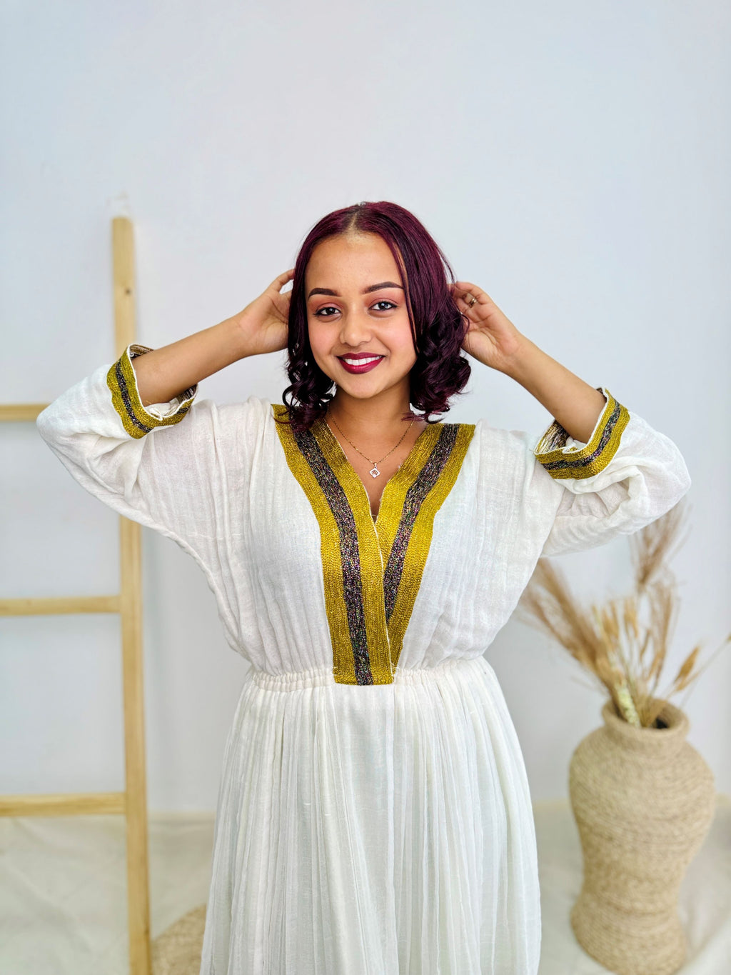 Simple Gold Accent V-Neck Habesha Dress | Minimalist Ethiopian Kemis Hab227