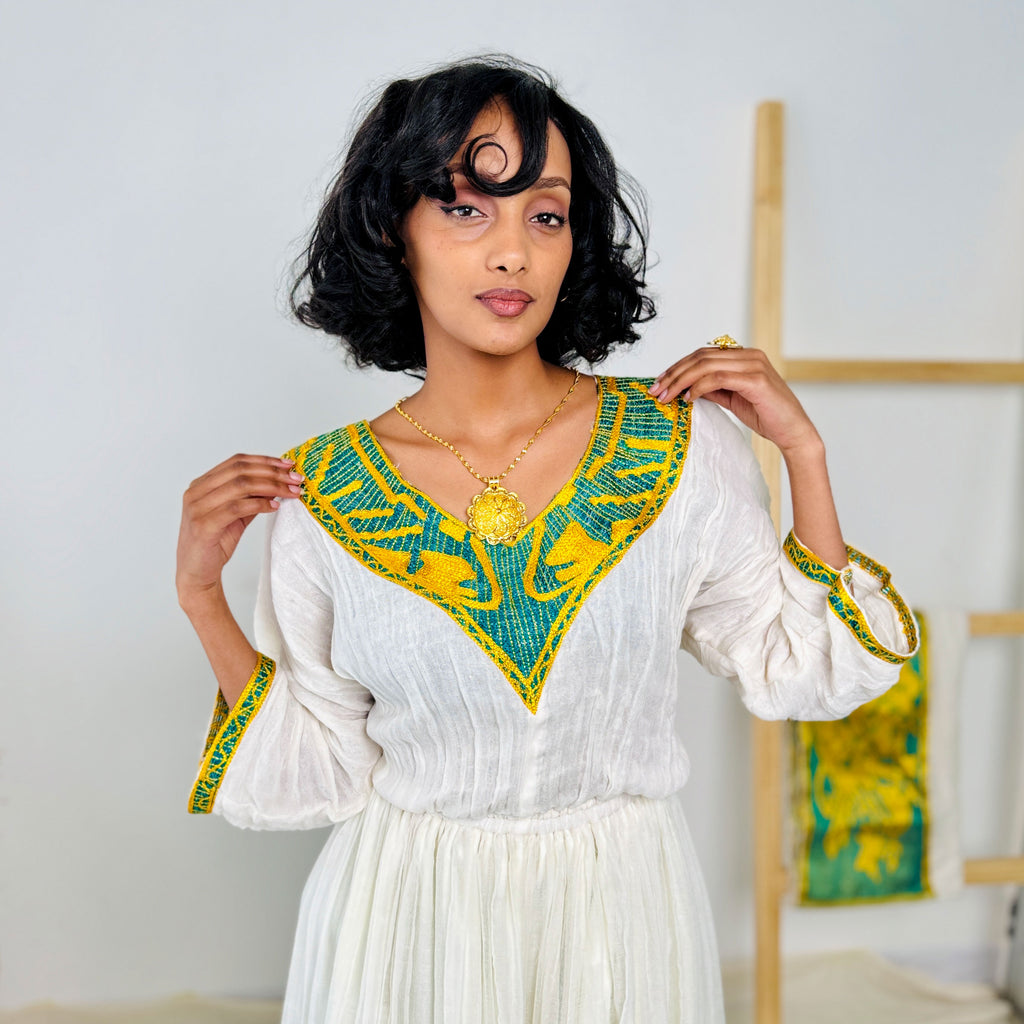 Yellow and Green Habesha Kemis Stylish Ethiopian Dress Hab35