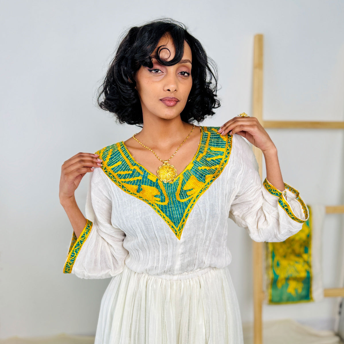 Yellow and Green Habesha Kemis Stylish Ethiopian Dress Hab35
