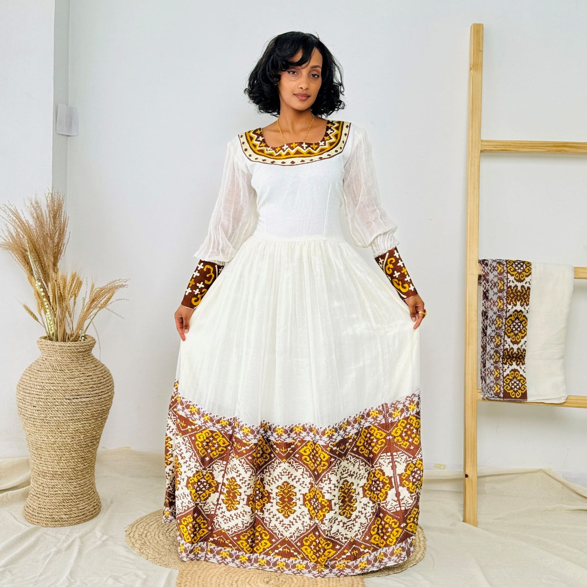 Elegant Ethiopian Handwoven Dress | Rich Brown and Gold Tibeb Embroidery | Timeless & Traditional Habesha Kemis Hab144