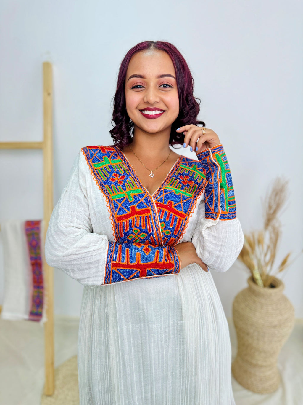 Ethiopian Handwoven White Dress | Vibrant Multicolor Tibeb & Cultural Cross Detail | Bold Habesha Kemis Hab207