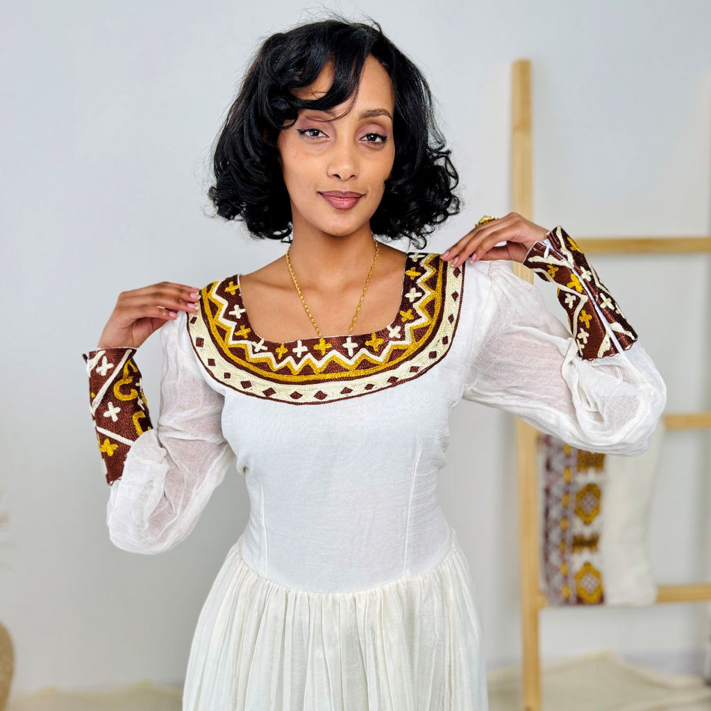 Elegant Ethiopian Handwoven Dress | Rich Brown and Gold Tibeb Embroidery | Timeless & Traditional Habesha Kemis Hab144