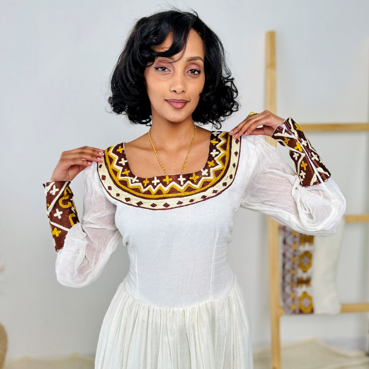 Elegant Ethiopian Handwoven Dress | Rich Brown and Gold Tibeb Embroidery | Timeless & Traditional Habesha Kemis Hab144