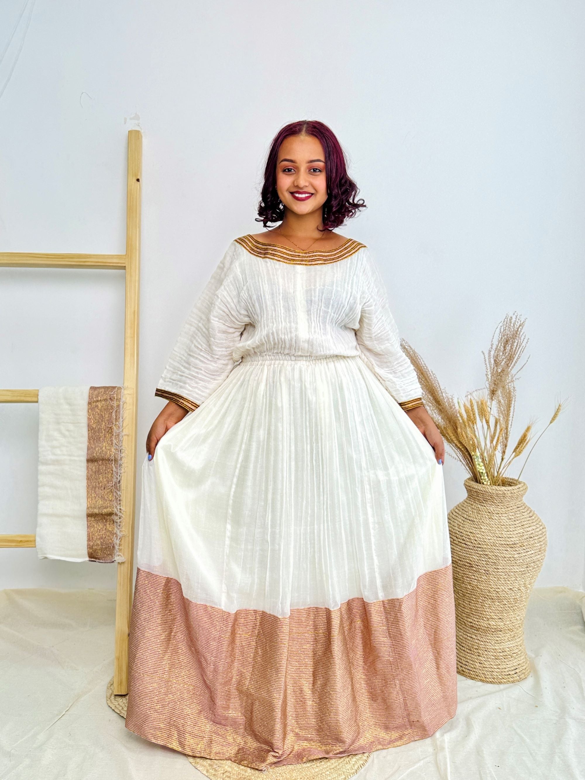 White & Gold Traditional Design | Ethiopian Occasion Dress | Handcrafted Cultural Elegance | Habesha Dress Hab140