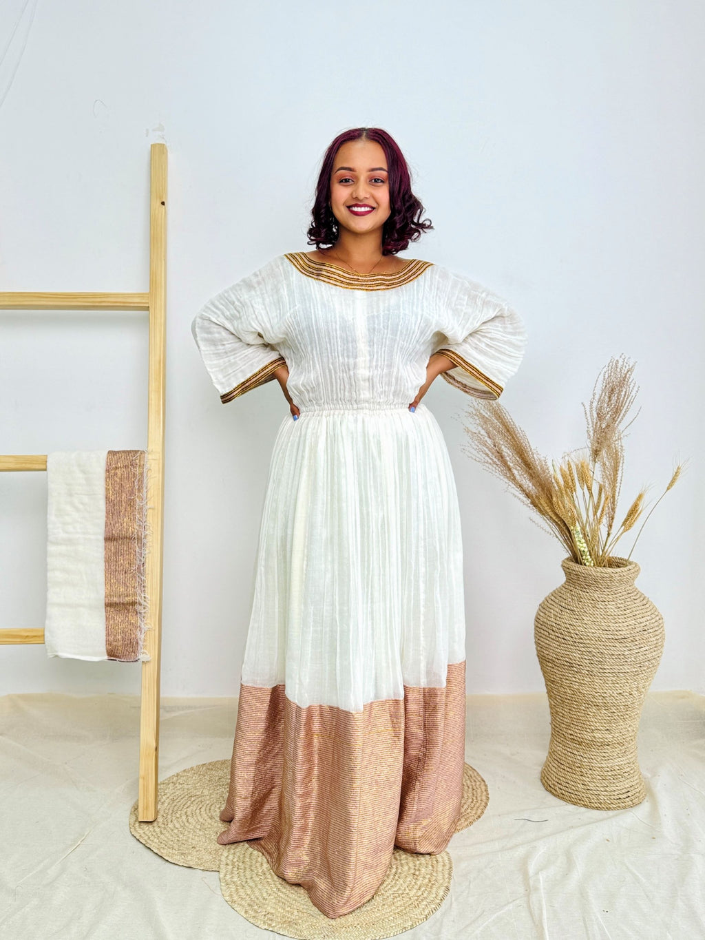 White & Gold Traditional Design | Ethiopian Occasion Dress | Handcrafted Cultural Elegance | Habesha Dress Hab140