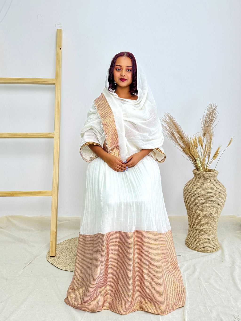White & Gold Traditional Design | Ethiopian Occasion Dress | Handcrafted Cultural Elegance | Habesha Dress Hab140
