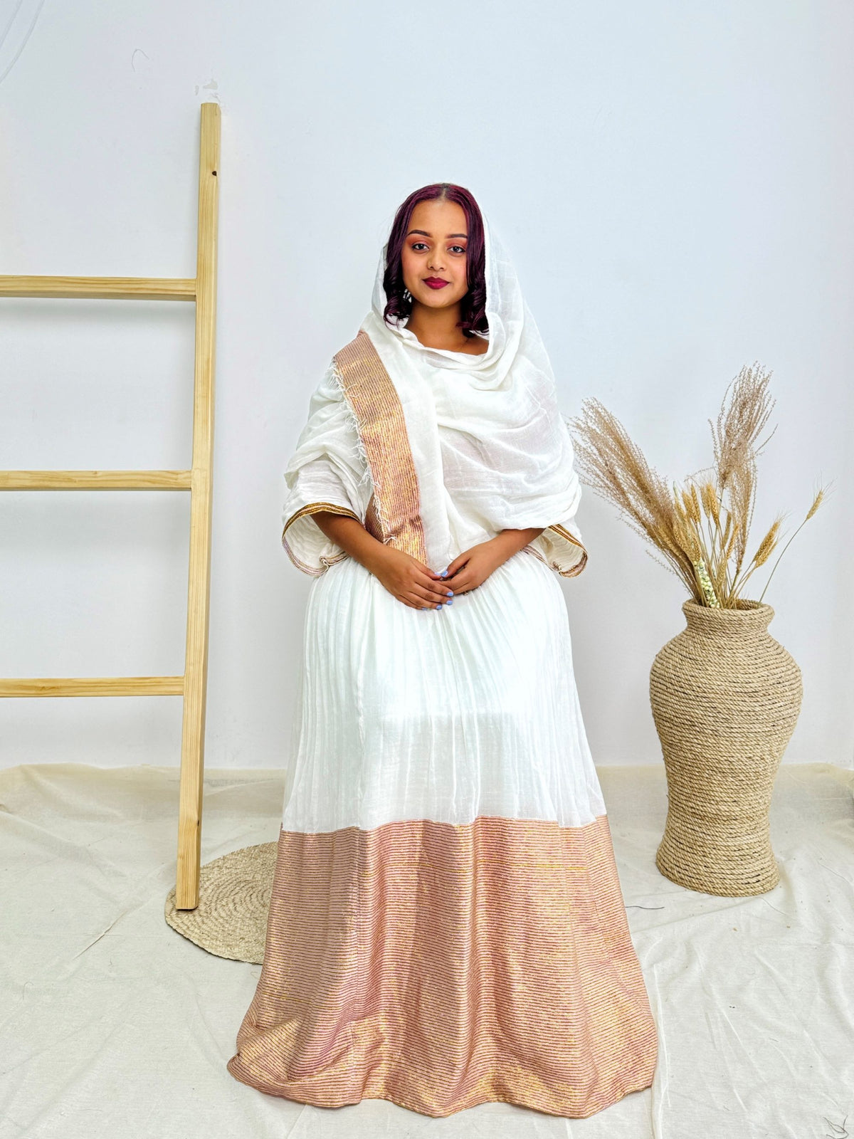 White & Gold Traditional Design | Ethiopian Occasion Dress | Handcrafted Cultural Elegance | Habesha Dress Hab140
