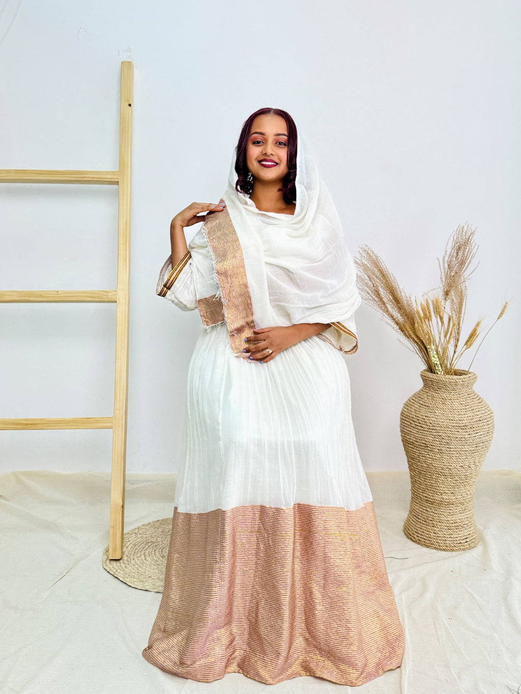 White & Gold Traditional Design | Ethiopian Occasion Dress | Handcrafted Cultural Elegance | Habesha Dress Hab140