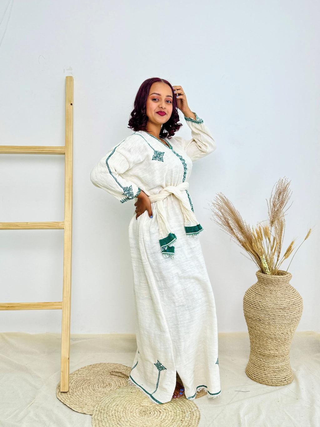 Minimalist Habesha Kemis | Ethiopian Handwoven White Dress | Deep Green Cross Motif & Classic Tibeb Hab209