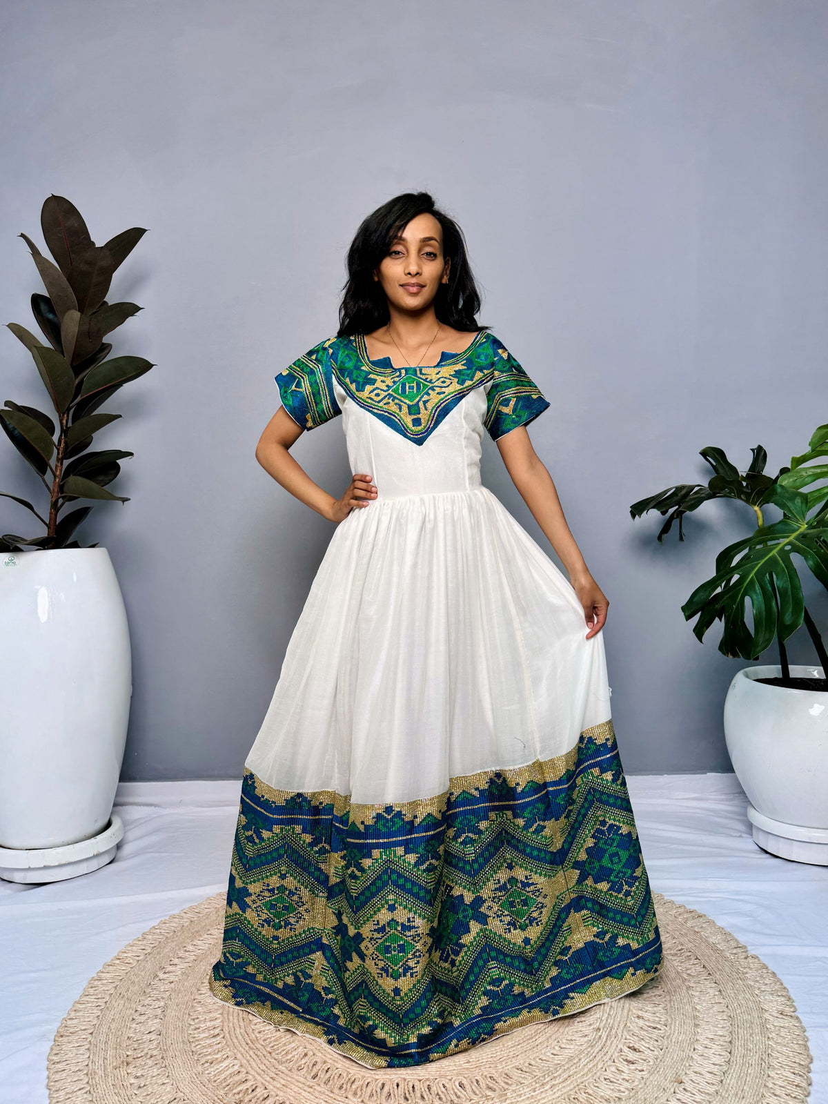 Ethiopian Dress | Elegant Half-Sleeve Design | Cultural Celebrations & Special Occasions | Green with Intricate Embroidery | Habesha Dress Hab122