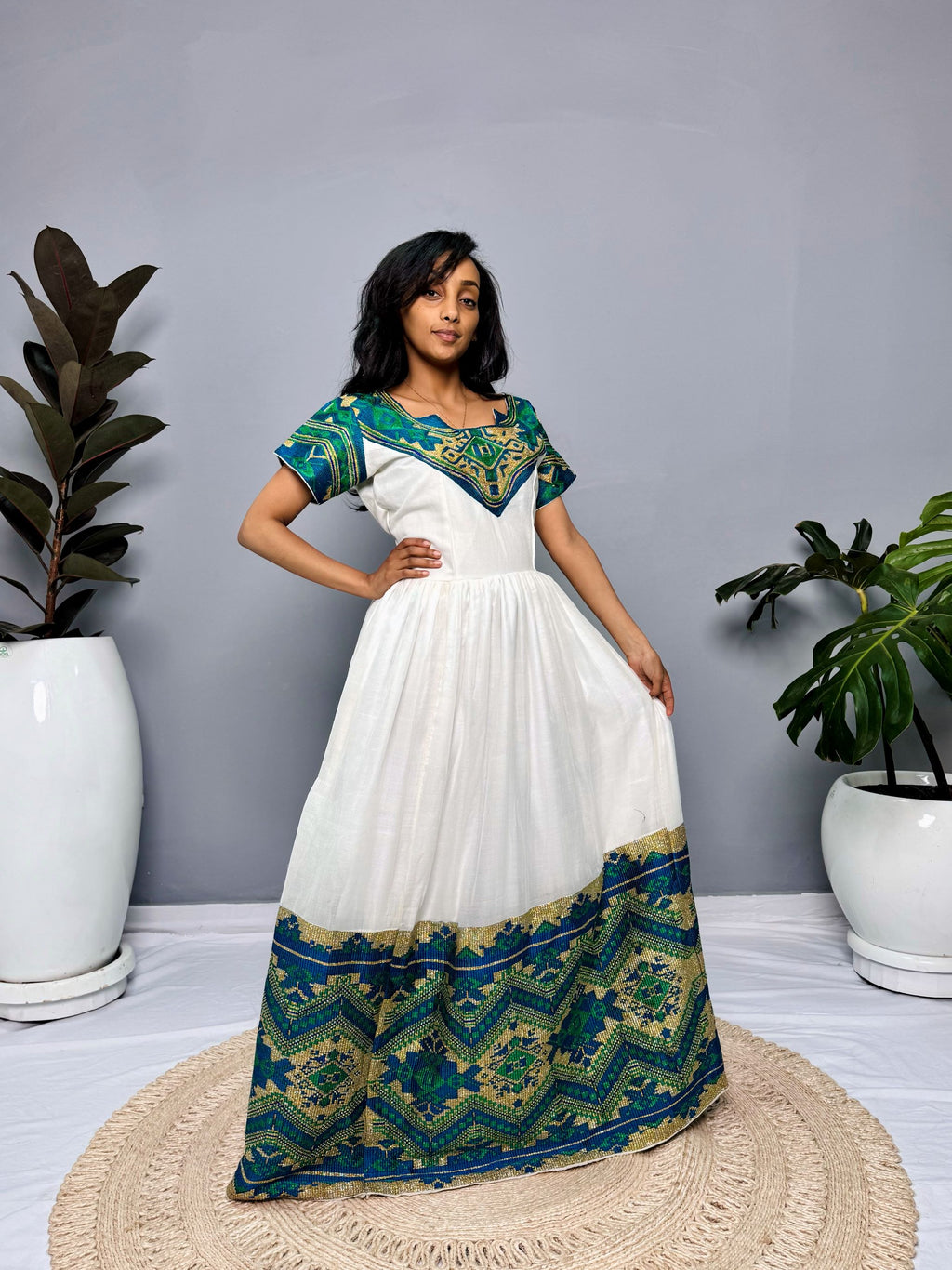 Ethiopian Dress | Elegant Half-Sleeve Design | Cultural Celebrations & Special Occasions | Green with Intricate Embroidery | Habesha Dress Hab122