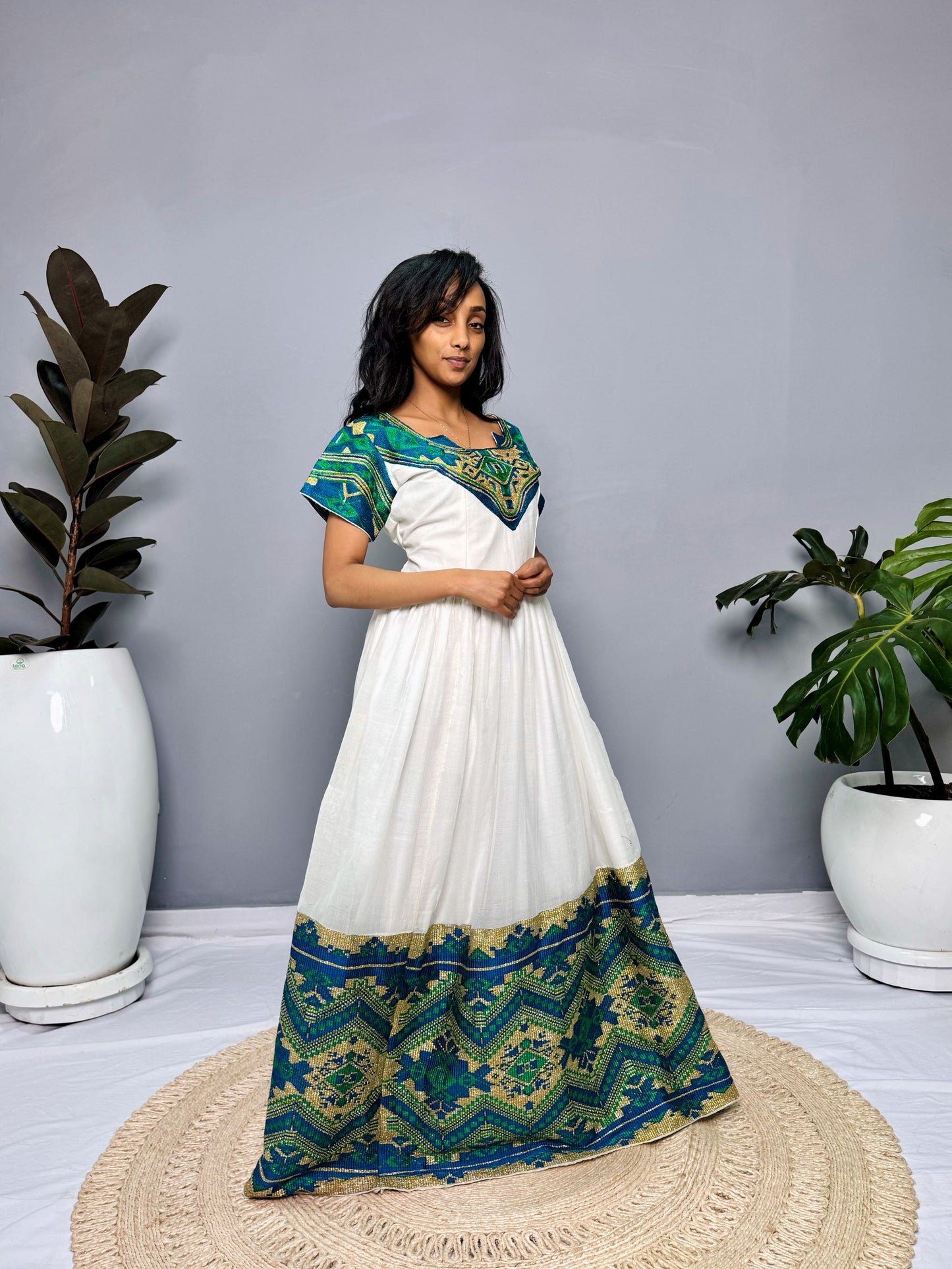 Ethiopian Dress | Elegant Half-Sleeve Design | Cultural Celebrations & Special Occasions | Green with Intricate Embroidery | Habesha Dress Hab122