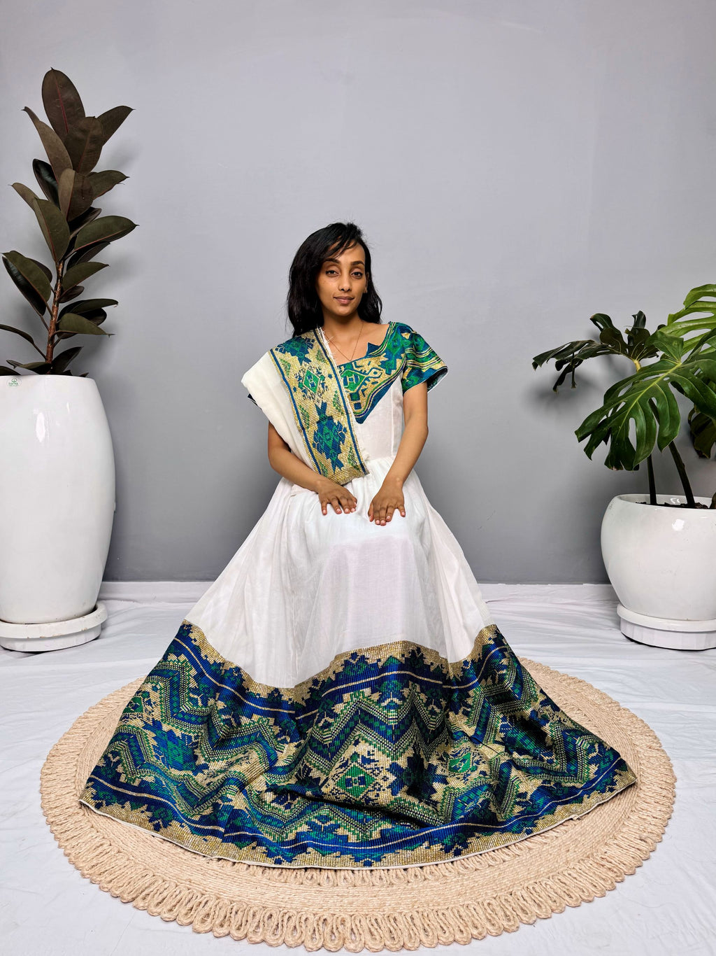 Ethiopian Dress | Elegant Half-Sleeve Design | Cultural Celebrations & Special Occasions | Green with Intricate Embroidery | Habesha Dress Hab122