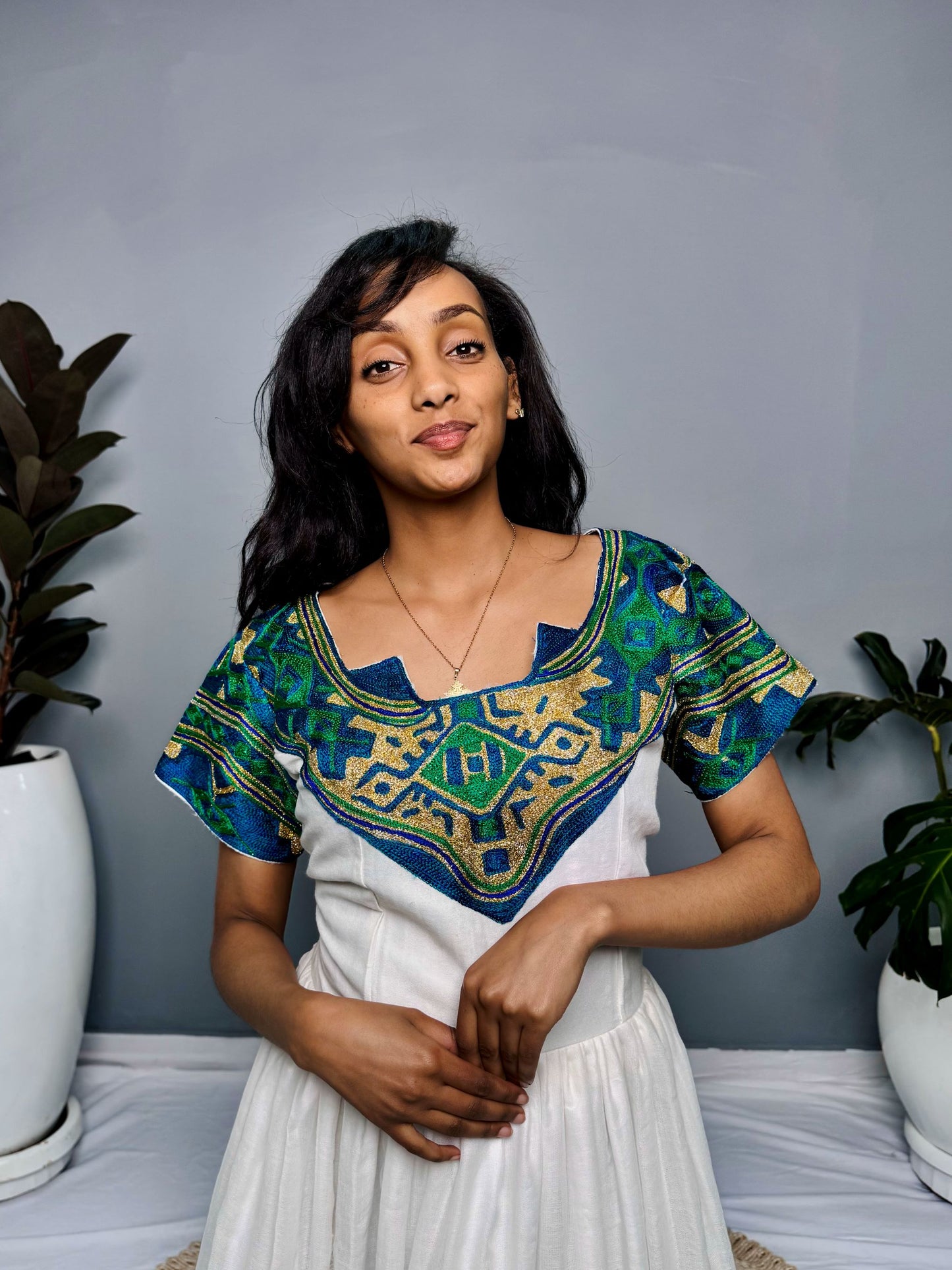 Ethiopian Dress | Elegant Half-Sleeve Design | Cultural Celebrations & Special Occasions | Green with Intricate Embroidery | Habesha Dress Hab122