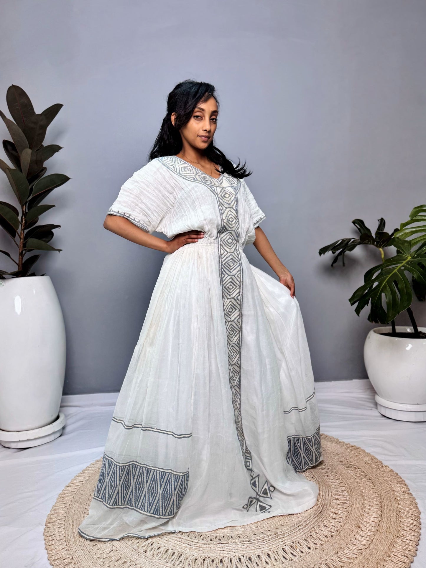 Habesha Dress | Half-Sleeve Design | Cultural Celebrations & Special Occasions | Timeless Gray Detailing | Ethiopian Dress Hab126