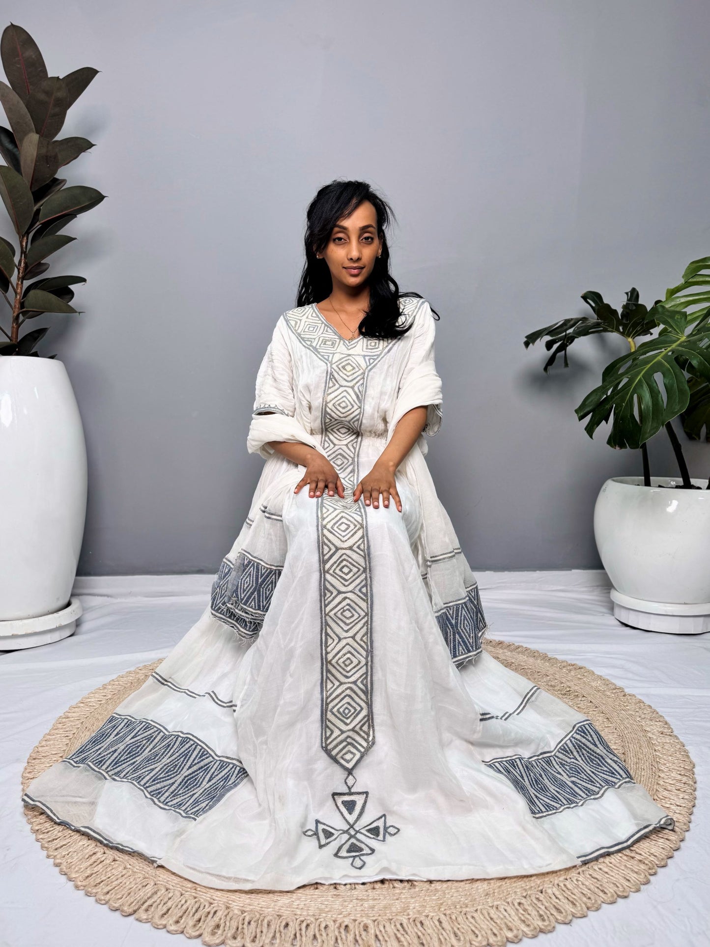 Habesha Dress | Half-Sleeve Design | Cultural Celebrations & Special Occasions | Timeless Gray Detailing | Ethiopian Dress Hab126