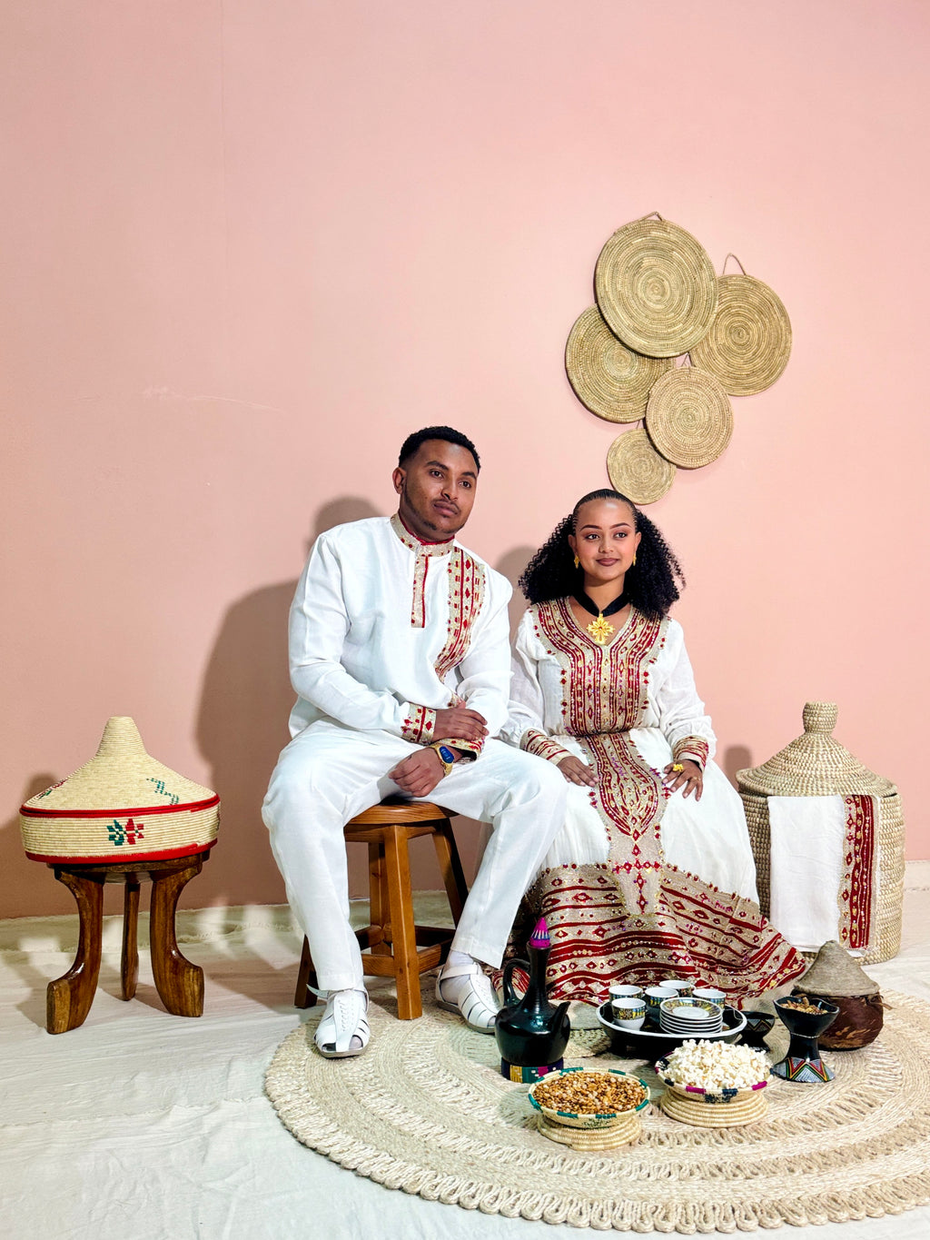 Ethiopian Couples Outfit | Red and Gold Beaded Design | Perfect for Celebrating | Habesha Wedding outfit | Handwoven Ethiopian Dress Hab83