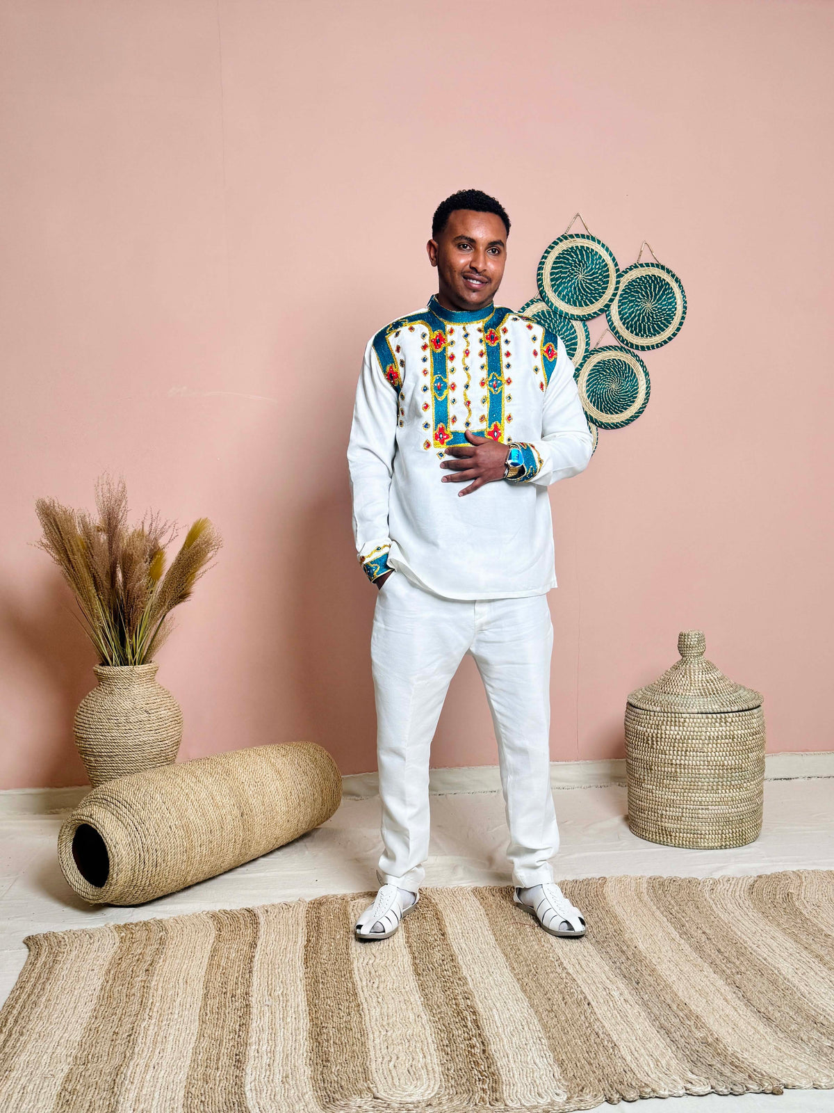 Couples Wedding Attire | Blue Embroidery | Ethiopian Craftsmanship| Habesha Wedding Dress | Handwoven Ethiopian Dress Hab82