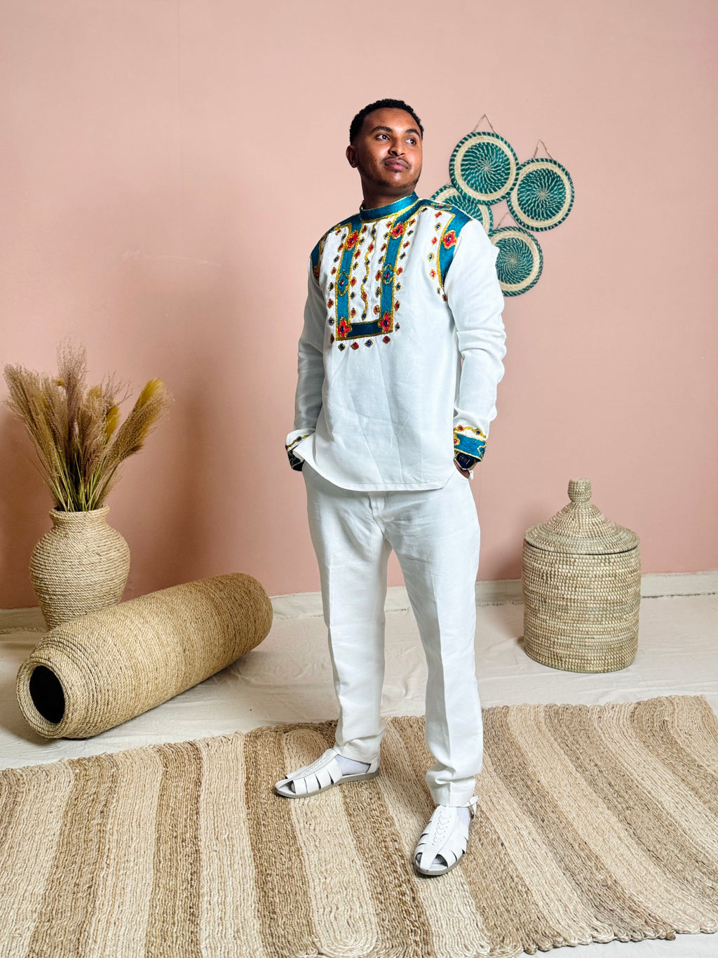 Couples Wedding Attire | Blue Embroidery | Ethiopian Craftsmanship| Habesha Wedding Dress | Handwoven Ethiopian Dress Hab82