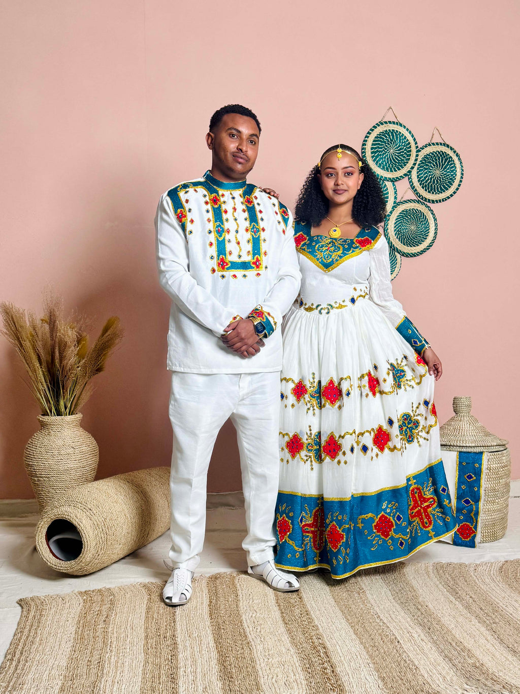 Couples Wedding Attire | Blue Embroidery | Ethiopian Craftsmanship| Habesha Wedding Dress | Handwoven Ethiopian Dress Hab82